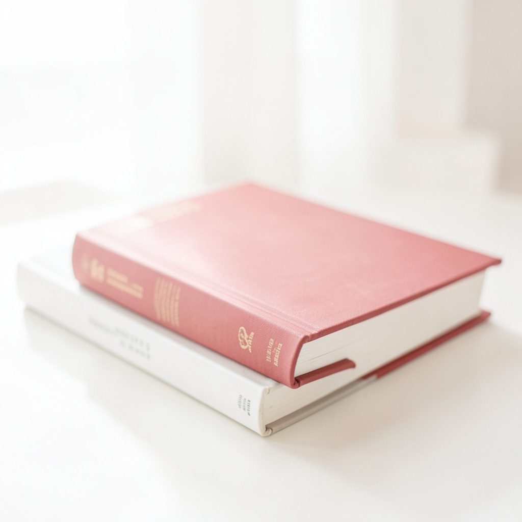 A bright, airy photograph of stacked hardcover books on a wooden surface, with warm cream and beige tones.